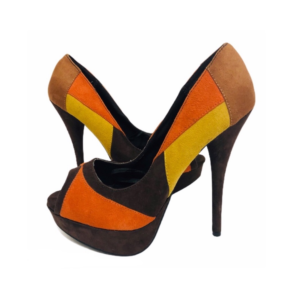 Street Society Colorblock Heels in Orange, Yellow, and Brown